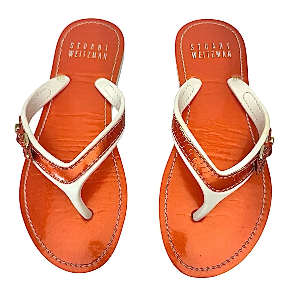 Stuart Weitzman Orange White Thong Sandals Women’s Size 6M Beach Flip Flops